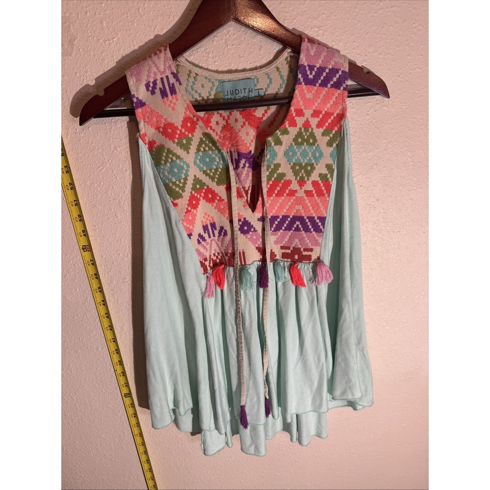 Judith March Embroidered Bohemian Fringed Tunic Top Mint Green Size L